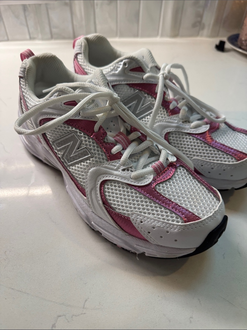 New Balance White and Pink 530 Sneakers